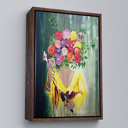 Siyah Çerçeveli Çiçek Başlı Kadın Portresi Yağlıboya Görünüm Dekoratif Kanvas Duvar Tablosu