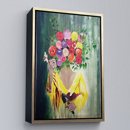 Siyah Çerçeveli Çiçek Başlı Kadın Portresi Yağlıboya Görünüm Dekoratif Kanvas Duvar Tablosu