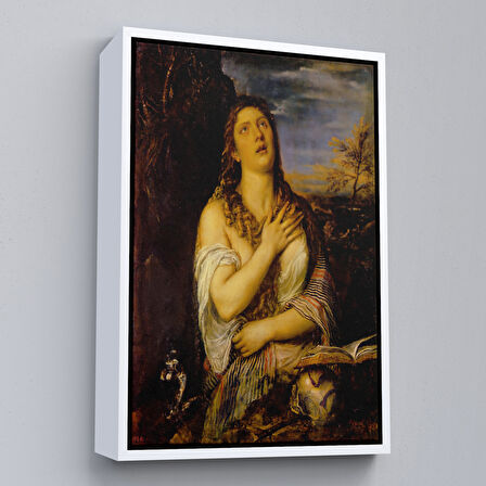 Beyaz Çerçeveli Titian Tiziano Vecellio'un 'Tövbe Eden Magdalene' Eseri Kanvas Tablo