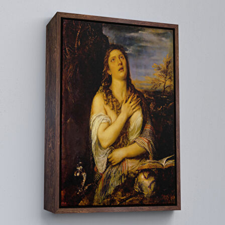 Beyaz Çerçeveli Titian Tiziano Vecellio'un 'Tövbe Eden Magdalene' Eseri Kanvas Tablo
