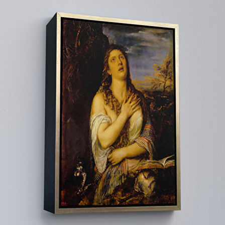 Beyaz Çerçeveli Titian Tiziano Vecellio'un 'Tövbe Eden Magdalene' Eseri Kanvas Tablo