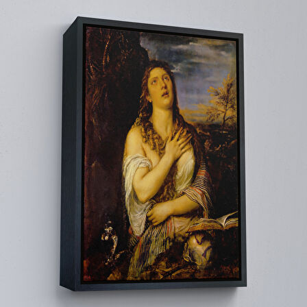 Beyaz Çerçeveli Titian Tiziano Vecellio'un 'Tövbe Eden Magdalene' Eseri Kanvas Tablo