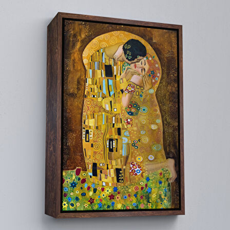 Kahverengi Çerçeveli Gustav Klimt'in The Kiss İsimli Eseri Kanvas Tablo