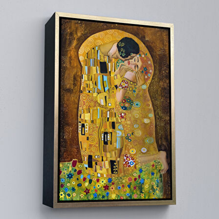 Kahverengi Çerçeveli Gustav Klimt'in The Kiss İsimli Eseri Kanvas Tablo