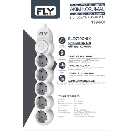 FLY 3394-01 5 Soket Akım Korumalı Priz 2.1A Anahtarlı 2Mt Kablo (Beyaz)(1923)
