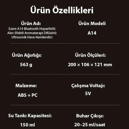 Ezere A14 Bluetooth Hoparlörlü Alev Efektli 8 Sesli Renkli Alev Görünümlü Aromaterapi Difüzörü Ultrasonik Hava Nemlendici-(5775)
