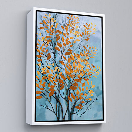 Beyaz Çerçeveli Turuncu Yapraklar Soyut Dekoratif Kanvas Tbalo