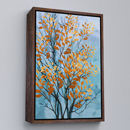 Beyaz Çerçeveli Turuncu Yapraklar Soyut Dekoratif Kanvas Tbalo