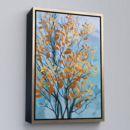 Beyaz Çerçeveli Turuncu Yapraklar Soyut Dekoratif Kanvas Tbalo