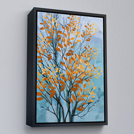 Beyaz Çerçeveli Turuncu Yapraklar Soyut Dekoratif Kanvas Tbalo