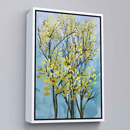 Beyaz Çerçeveli Sarı Yapraklar Soyut Dekoratif Kanvas Tablo