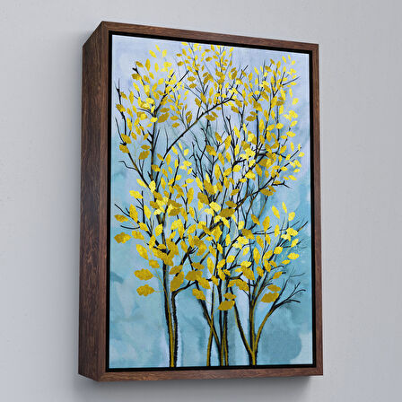 Beyaz Çerçeveli Sarı Yapraklar Soyut Dekoratif Kanvas Tablo