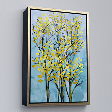 Beyaz Çerçeveli Sarı Yapraklar Soyut Dekoratif Kanvas Tablo