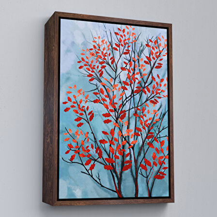 Kahverengi Çerçeveli Kırmızı Yapraklar Soyut Dekoratif Kanvas Tablo