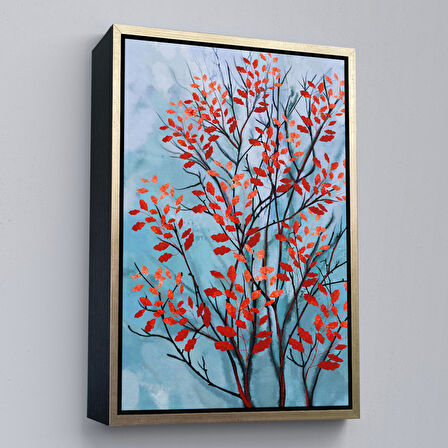 Kahverengi Çerçeveli Kırmızı Yapraklar Soyut Dekoratif Kanvas Tablo