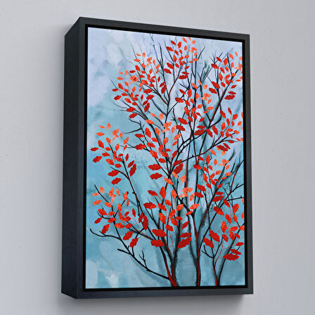 Kahverengi Çerçeveli Kırmızı Yapraklar Soyut Dekoratif Kanvas Tablo