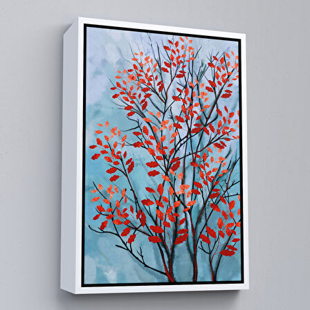 Kahverengi Çerçeveli Kırmızı Yapraklar Soyut Dekoratif Kanvas Tablo