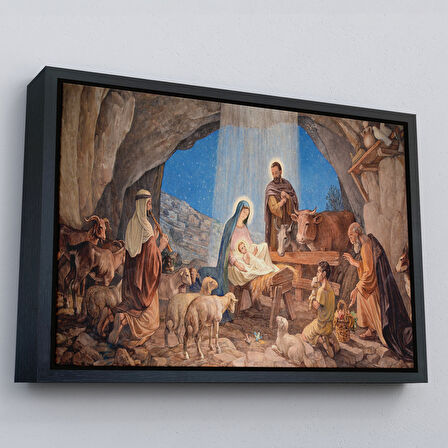 Beyaz Çerçeveli İsanın Doğumu ve Meryem Kanvas Tablo