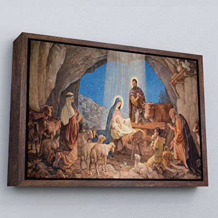 Kahverengi Çerçeveli İsanın Doğumu ve Meryem Kanvas Tablo