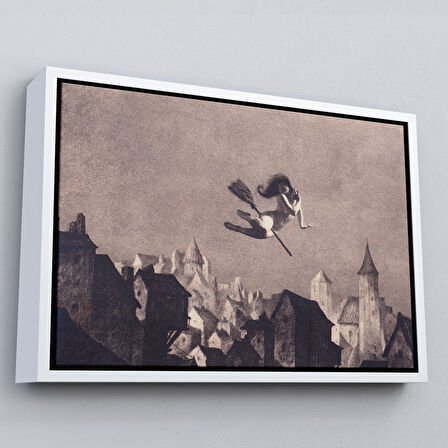 Altın Çerçeveli Süpürgedel Uçan Cadı, Dekoratif DuvarTablosu