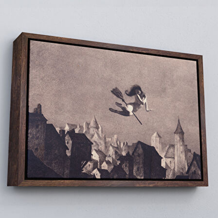 Siyah Çerçeveli Süpürgedel Uçan Cadı, Dekoratif DuvarTablosu