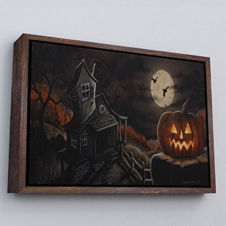 Beyaz Çerçeveli Perili Ev Cadılar Bayramı Dekoratif Duvar Tablosu