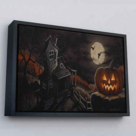 Beyaz Çerçeveli Perili Ev Cadılar Bayramı Dekoratif Duvar Tablosu