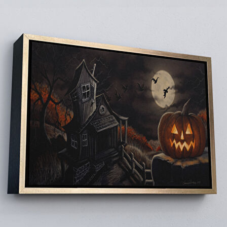 Kahverengi Çerçeveli Perili Ev Cadılar Bayramı Dekoratif Duvar Tablosu