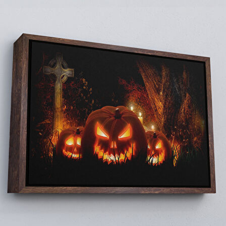 Kahverengi Çerçeveli Korkunç Oymalı Kabaklar Cadılar Bayramı Dekoru Dekoratif Duvar Tablosu
