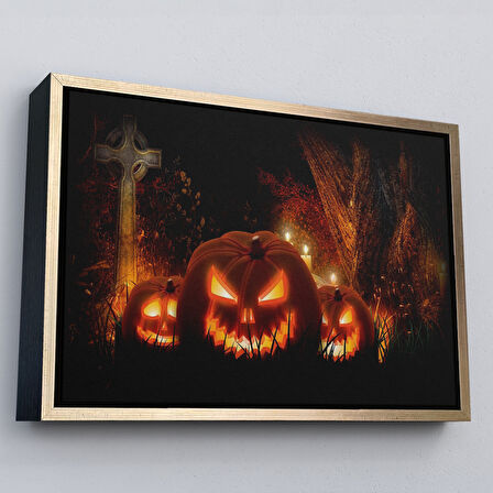 Kahverengi Çerçeveli Korkunç Oymalı Kabaklar Cadılar Bayramı Dekoru Dekoratif Duvar Tablosu