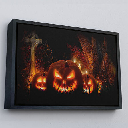 Kahverengi Çerçeveli Korkunç Oymalı Kabaklar Cadılar Bayramı Dekoru Dekoratif Duvar Tablosu