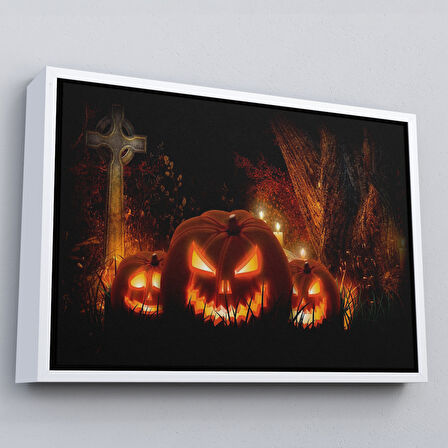 Kahverengi Çerçeveli Korkunç Oymalı Kabaklar Cadılar Bayramı Dekoru Dekoratif Duvar Tablosu