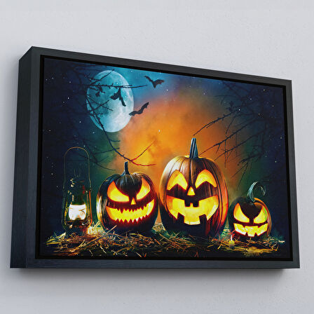 Kahverengi Çerçeveli Gaz Lambası ve Oymalı Kabaklar, Cadılar Bayramı Dekoratif Duvar Tablosu