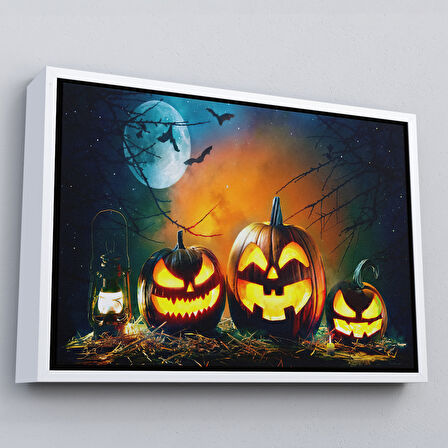 Kahverengi Çerçeveli Gaz Lambası ve Oymalı Kabaklar, Cadılar Bayramı Dekoratif Duvar Tablosu