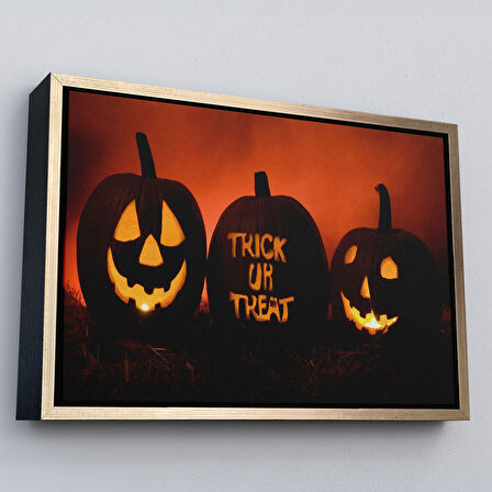 Altın Çerçeveli Cadılar Bayramı Korkunç Kabak Kanvas Dekoratif Duvar Tablosu