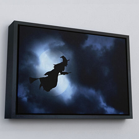 Altın Çerçeveli Süpürgede Uçan Cadı, Cadılar Bayramı Dekoratif Duvar Tablosu