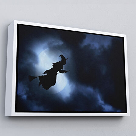 Altın Çerçeveli Süpürgede Uçan Cadı, Cadılar Bayramı Dekoratif Duvar Tablosu