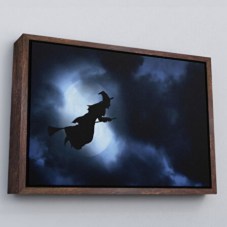 Altın Çerçeveli Süpürgede Uçan Cadı, Cadılar Bayramı Dekoratif Duvar Tablosu