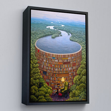 Altın Çerçeveli Gerçeküstü Bir Kütüphane Kanvas Tablo, Çalışma Odası Hediyesi, Kütüphane Posteri