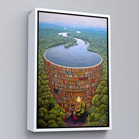 Altın Çerçeveli Gerçeküstü Bir Kütüphane Kanvas Tablo, Çalışma Odası Hediyesi, Kütüphane Posteri