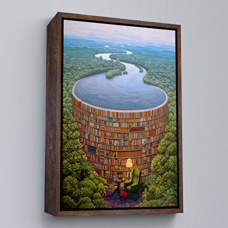 Altın Çerçeveli Gerçeküstü Bir Kütüphane Kanvas Tablo, Çalışma Odası Hediyesi, Kütüphane Posteri