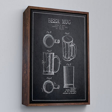 Kahverengi Çerçeveli 1951 tarihli Bira Bardağı Patent Çizimi Dekoratif Kanvas Duvar Tablosu
