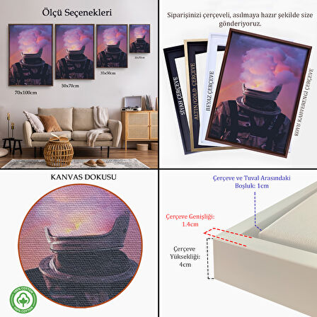 Beyaz Çerçeveli Beyni Yakılan Astronot Kanvas Tablo, Gerçeküstü Pop Art Kanvas Tablo