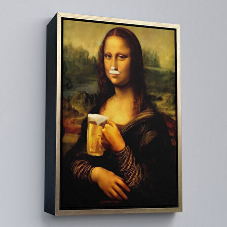 Altın Çerçeveli Bira İçme Mona Lisa Kanvas Tablo, Olağandışı Mona Lisa Kanvas Tablo