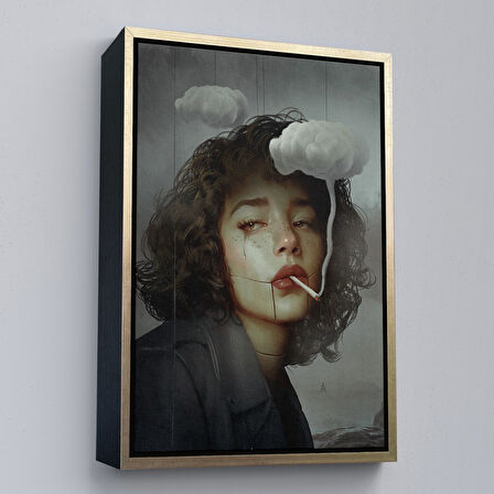 Siyah Çerçeveli Gerçeküstü Sanat Eserleri Bulut ve Duman Tuvalı Kanvas Tablo