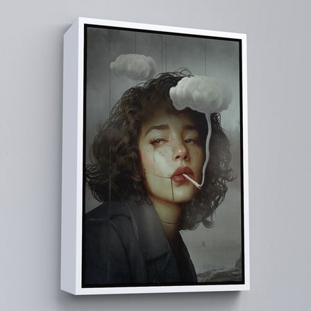 Beyaz Çerçeveli Gerçeküstü Sanat Eserleri Bulut ve Duman Tuvalı Kanvas Tablo