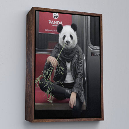 Altın Çerçeveli Gerçek Metroda Panda Başlı İnsan Kanvas Tablo