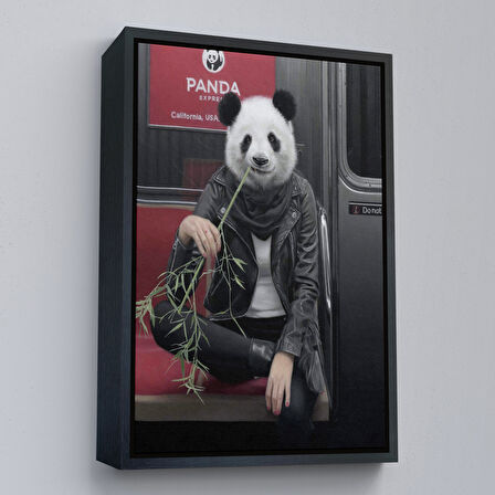 Siyah Çerçeveli Gerçek Metroda Panda Başlı İnsan Kanvas Tablo