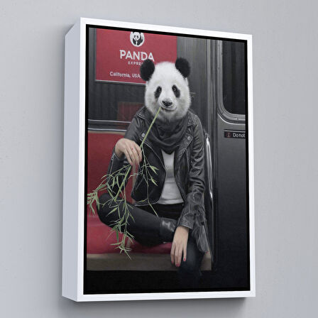 Siyah Çerçeveli Gerçek Metroda Panda Başlı İnsan Kanvas Tablo