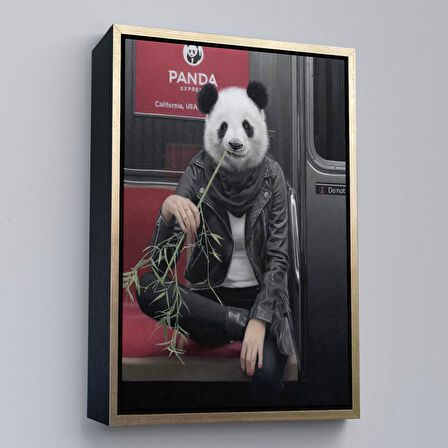 Siyah Çerçeveli Gerçek Metroda Panda Başlı İnsan Kanvas Tablo